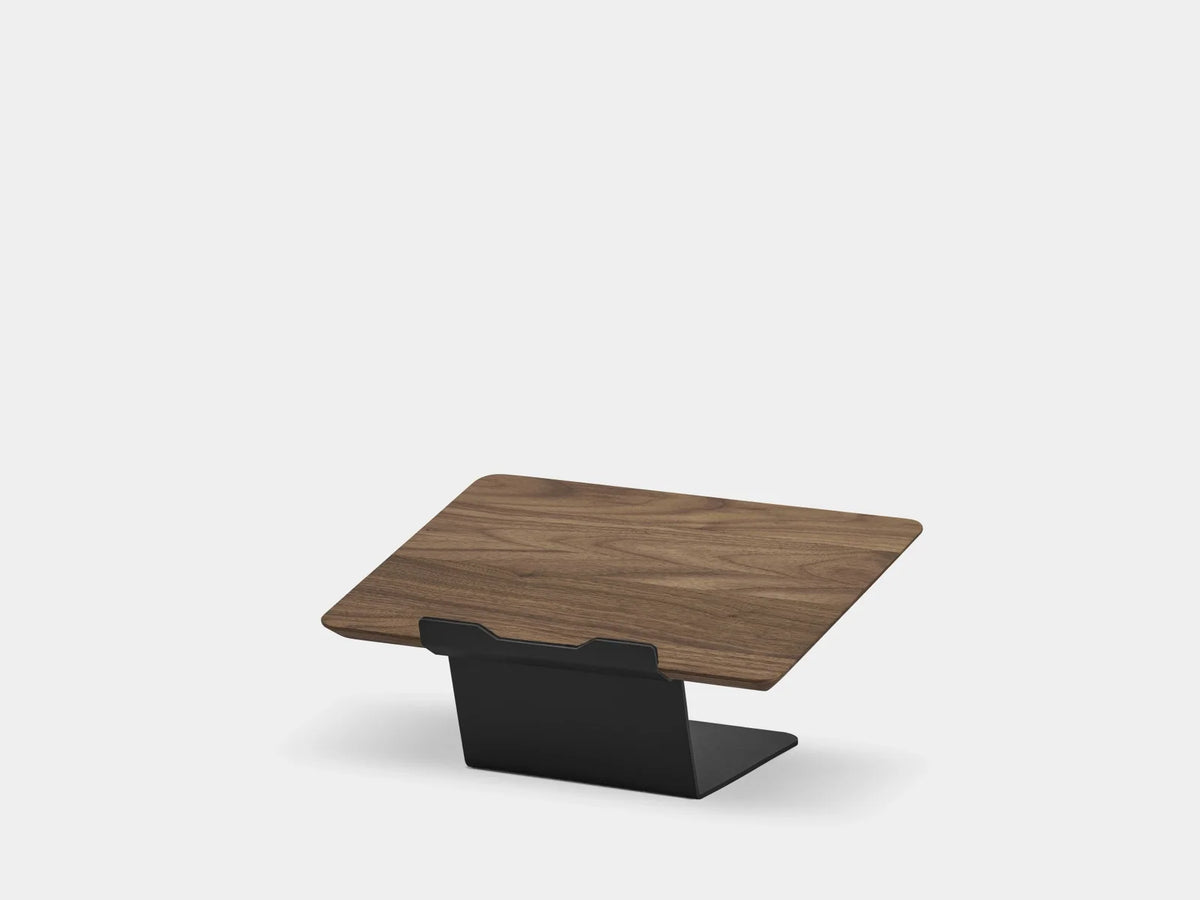 Walnut riser platform on a black steel base