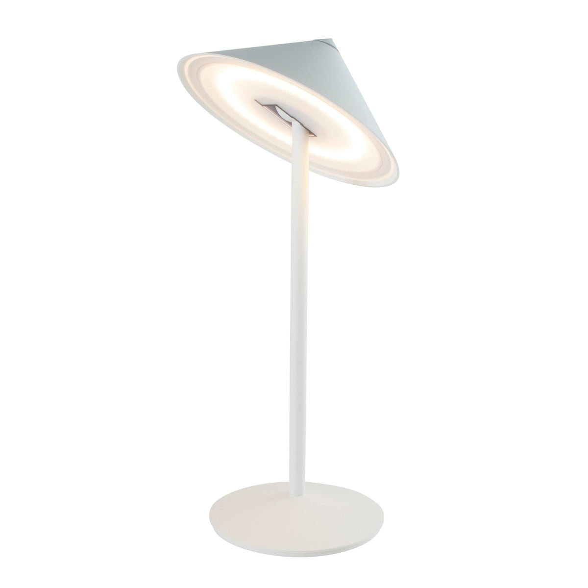 A white Pina L lamp with its cone head tilted to show the ring of light underneath