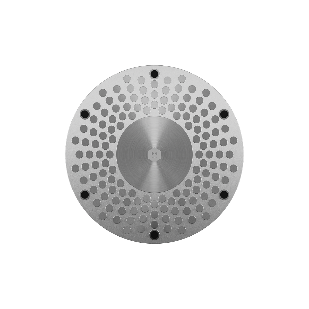Underside of the round base with a pattern of round vent cutouts