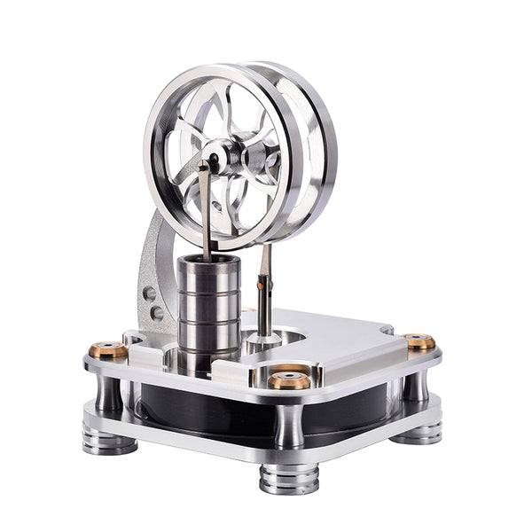 Silver metal Stirling engine with a double flywheel on a white background