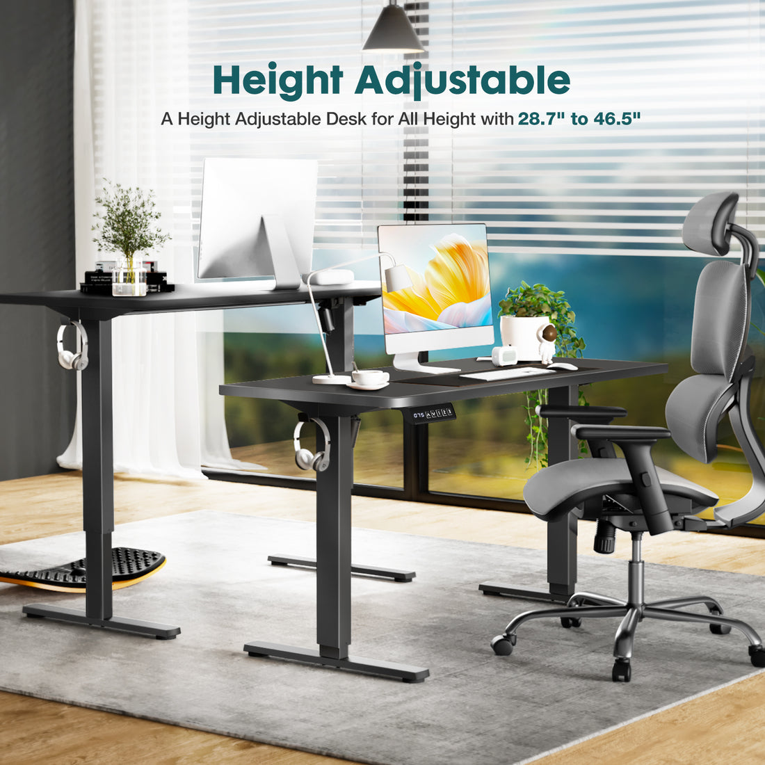 Electric Standing Desk, 63 x 24 in, height range shown in an office setup