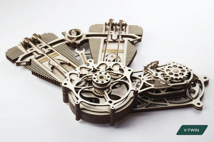 V-twin engine kit with gears and four camshafts, labelled V-Twin