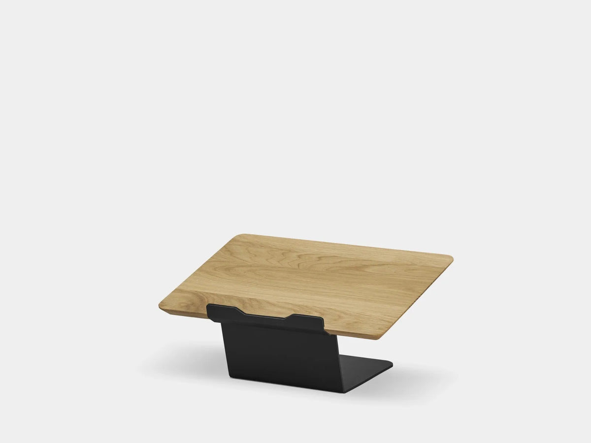 Oak riser platform on a black steel base, no laptop