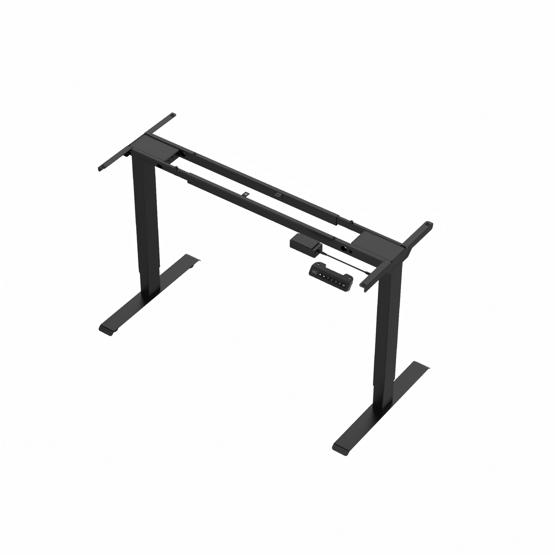Dual motor standing desk frame, black, frame only, top angled view