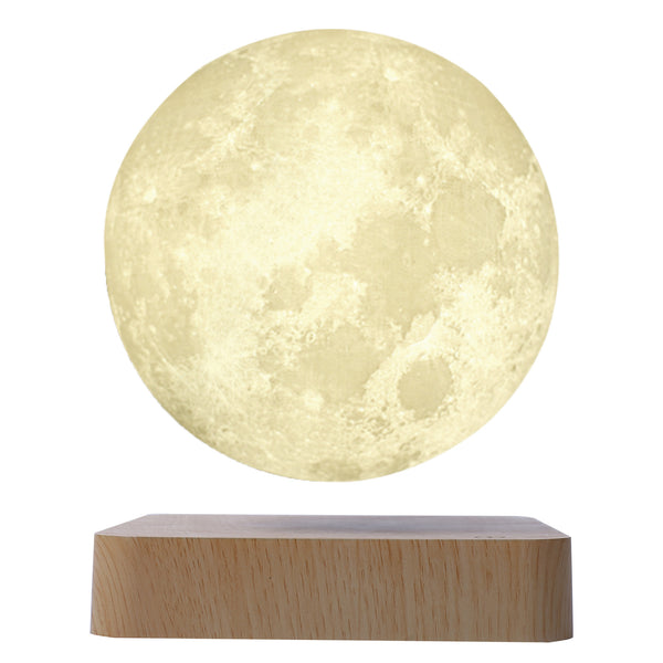 Moon globe floating above a light wood-grain base on a white background