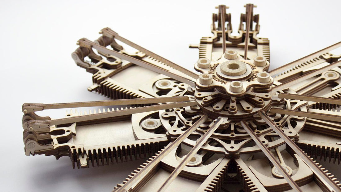 Seven-cylinder radial engine kit from above, laser-cut Baltic birch layers