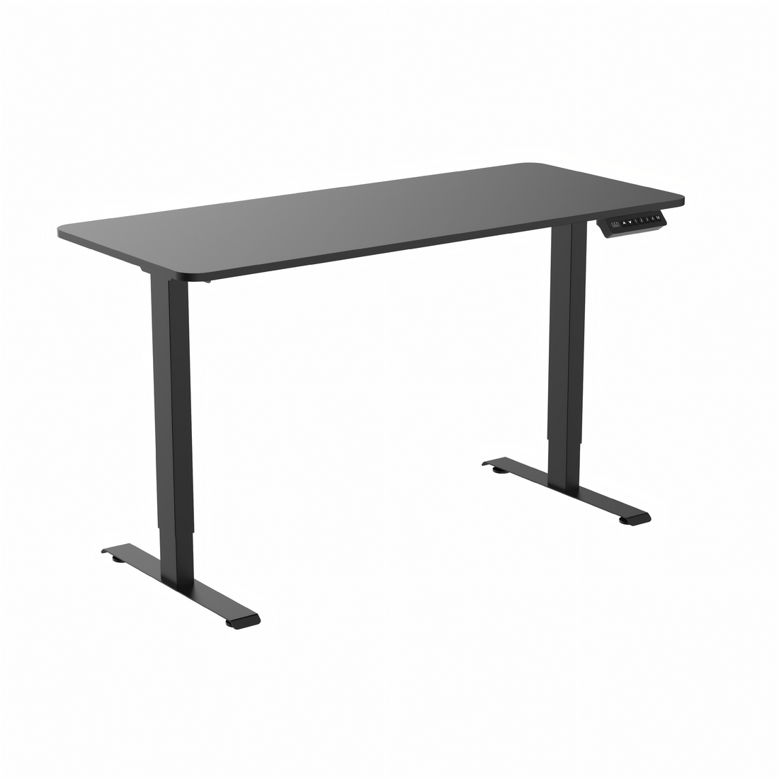 Dual motor standing desk frame, black, with a black desktop, side view