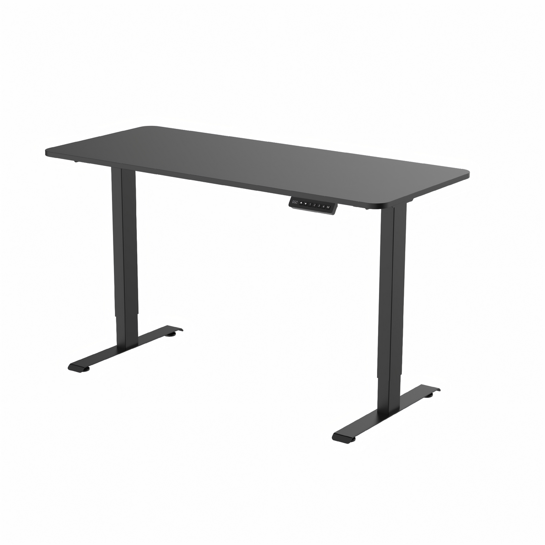 Dual motor standing desk frame, black, with a black desktop, three-quarter view