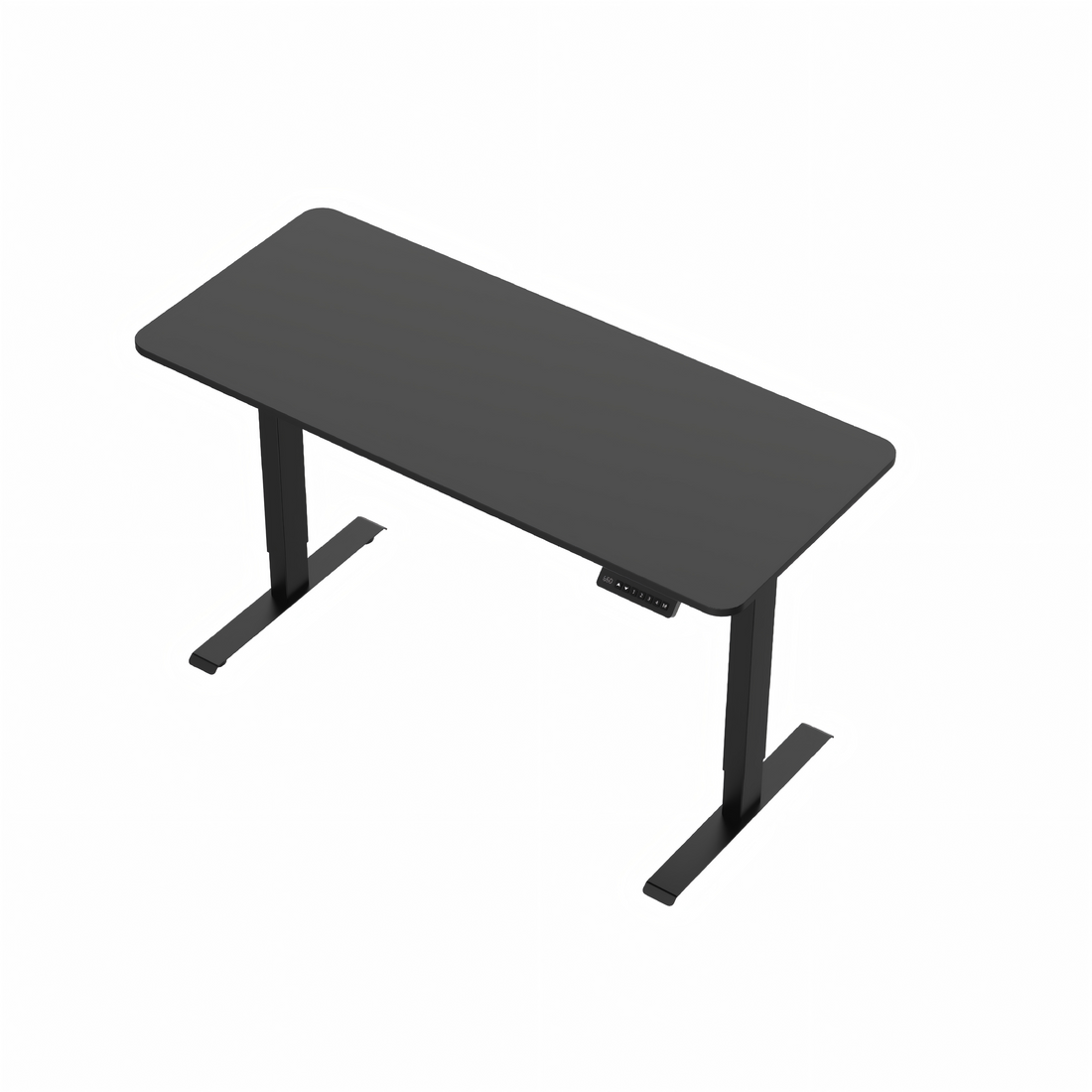 Dual motor standing desk frame, black, with a black desktop, angled view