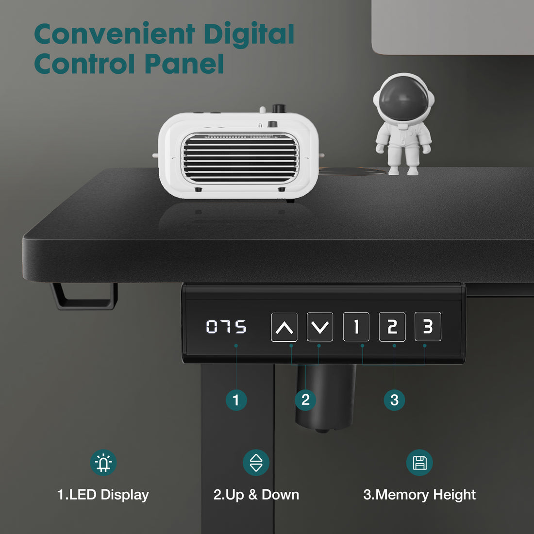 Electric Standing Desk, 63 x 24 in, digital control panel with three memory presets