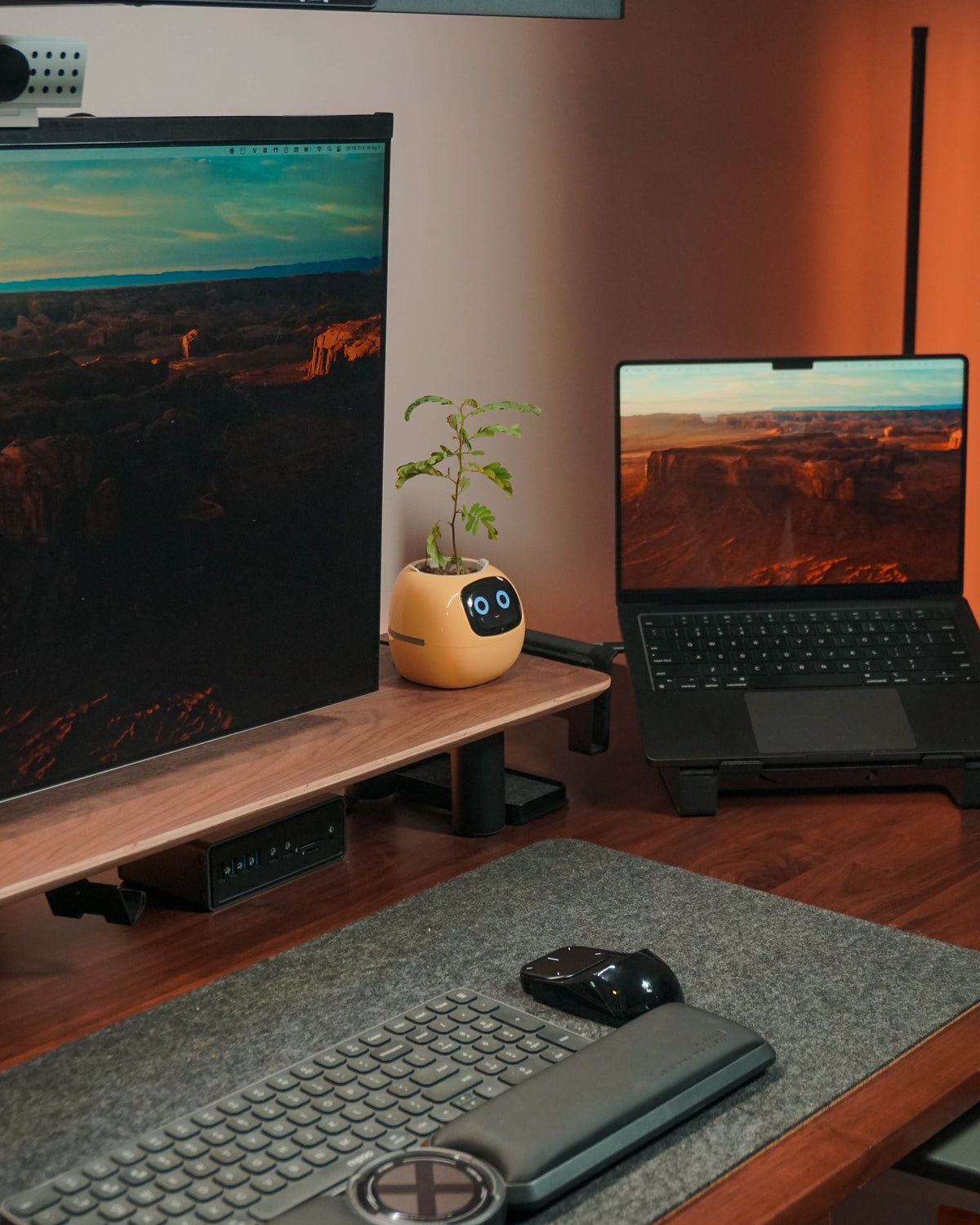 Close view of a monitor shelf with a small plant bot, laptop and a felt mat with keyboard