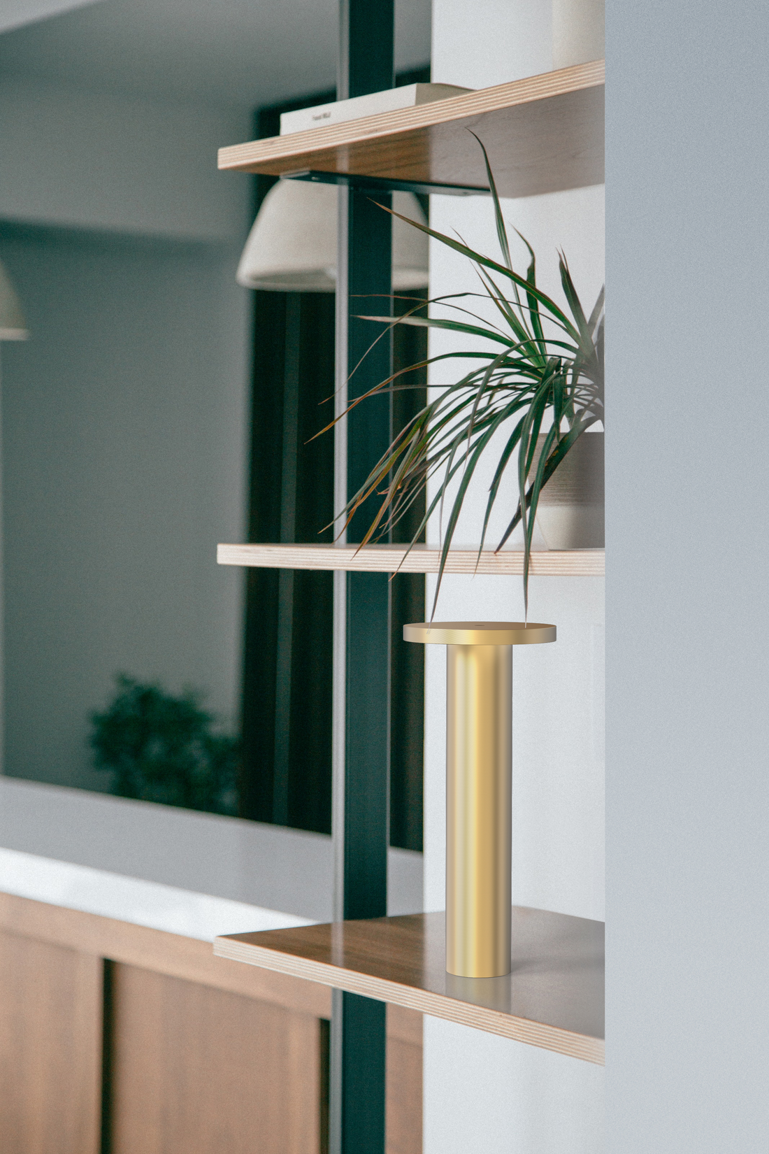 A brass Luci lamp on a shelf beside a plant