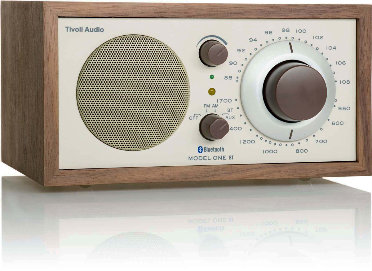 Walnut radio seen from an angle showing the side of the wood cabinet