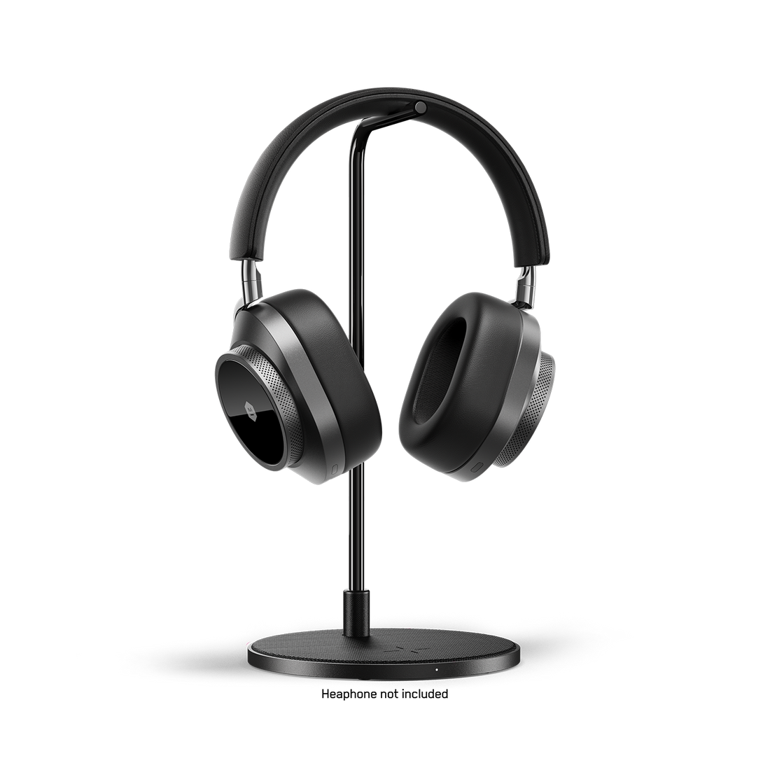 Black stand holding black over-ear headphones