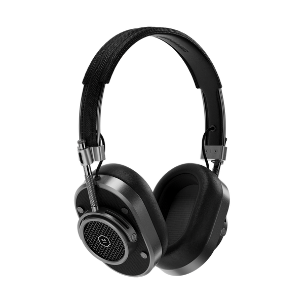 Gunmetal aluminum headphones with black leather pads and a black canvas headband
