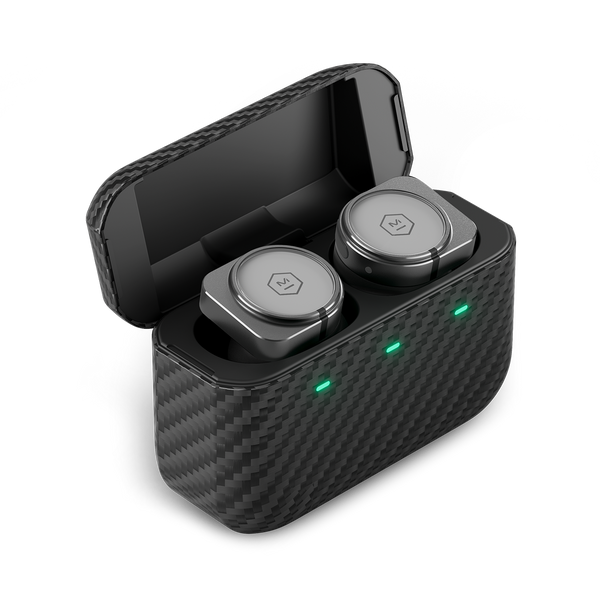 Two earphones resting in an open woven Kevlar fiber charging case with green lights