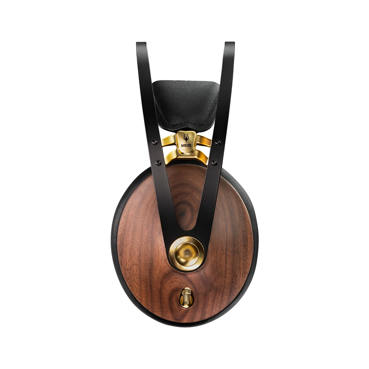 Side view of one walnut ear cup with a gold center ring