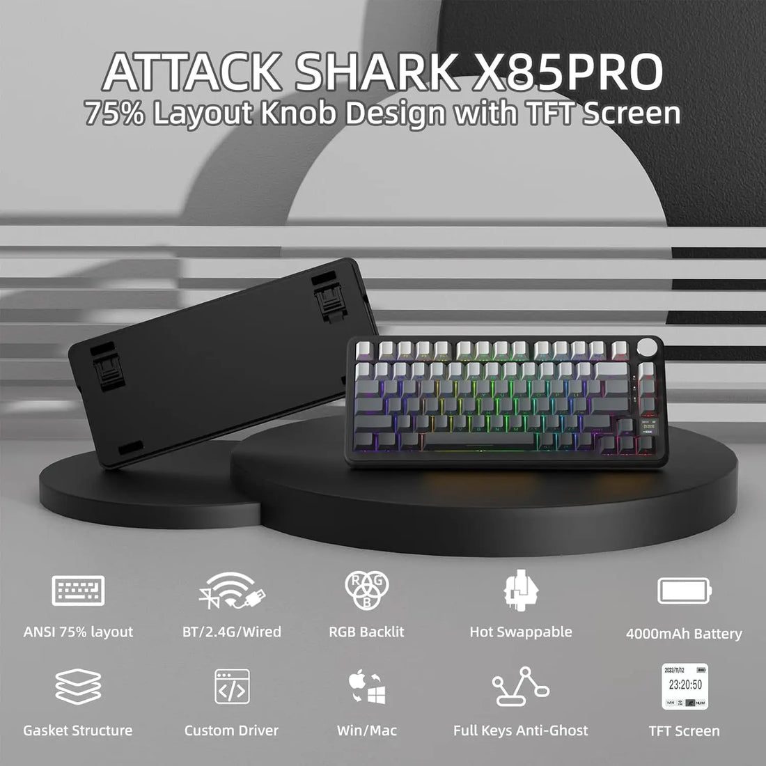 Attack Shark X85 Pro 75% Tri-Mode Keyboard with Screen and Knob, photo 1