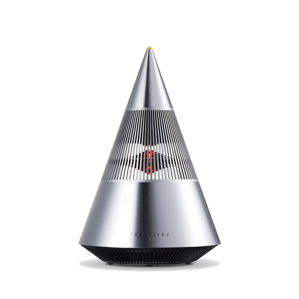 Silver cone speaker with a slotted band and a small glowing light at the center
