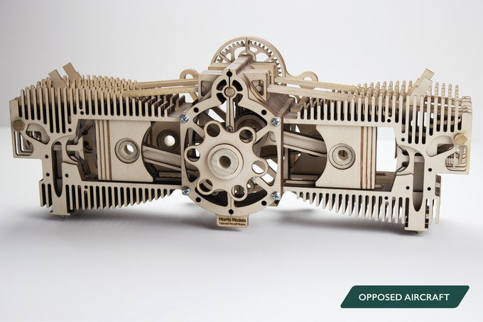 Opposed aircraft engine kit with skeletonized cylinders, labelled Opposed Aircraft