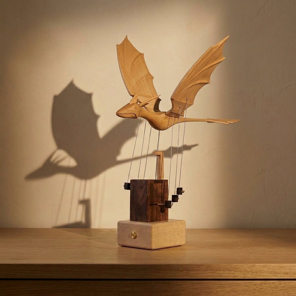 Pale dragon with wings raised on thin wires above a dark tower and pale base, casting a shadow on a warm wall.