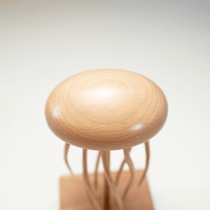 Close up of the smooth domed bell of the wooden jellyfish automaton.