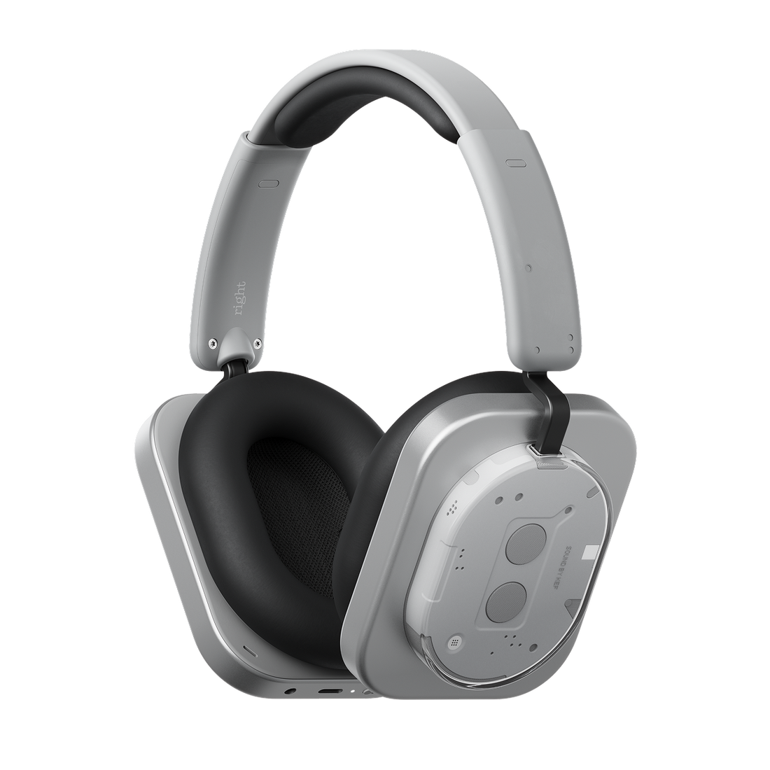 White and silver Headphone (1) shown at an angle on a black background