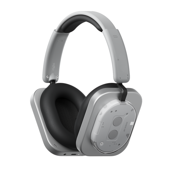 White and silver Headphone (1) shown at an angle on a black background