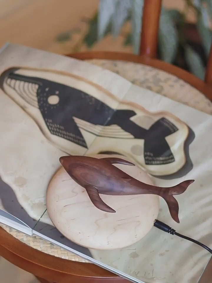 A walnut whale floats above a round maple base on a desk with a yellow lamp and plants, next to the standing edition on its brass rod.