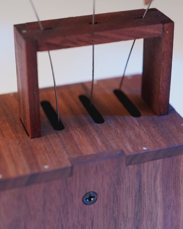 Macro of the dark wood box top: three long slots with thin steel wires rising through them to a dark wood frame, wood grain and a black screw below.