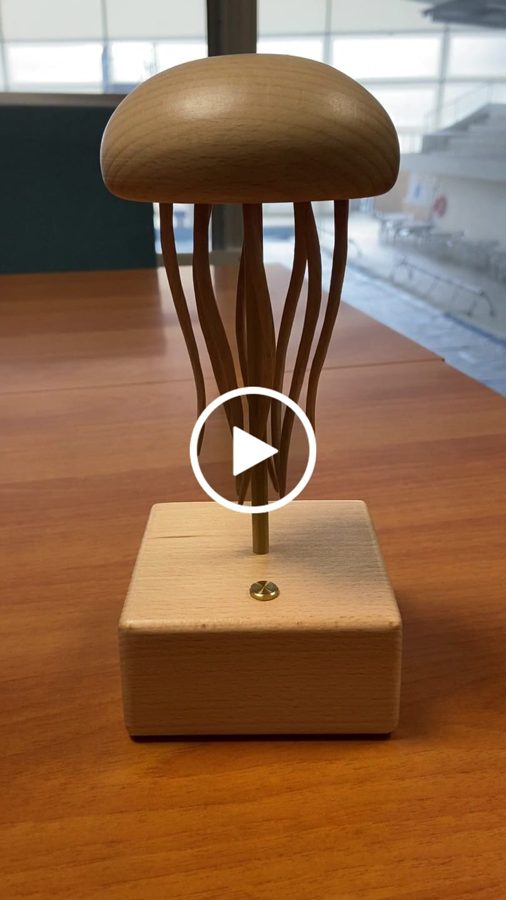 Irene I.: Jellyfish automaton on a wooden table with a window behind, from an owner clip.