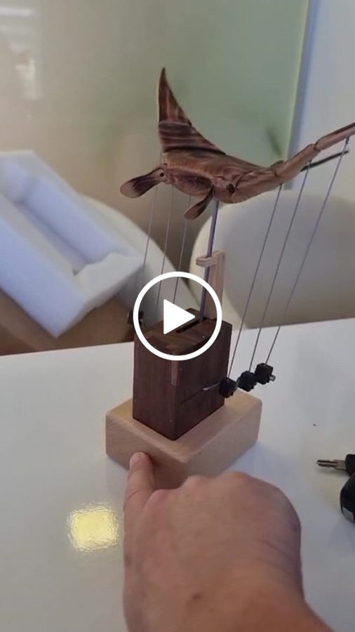 G.: Manta ray automaton above its tower with a finger touching the light wood base, from an owner clip.
